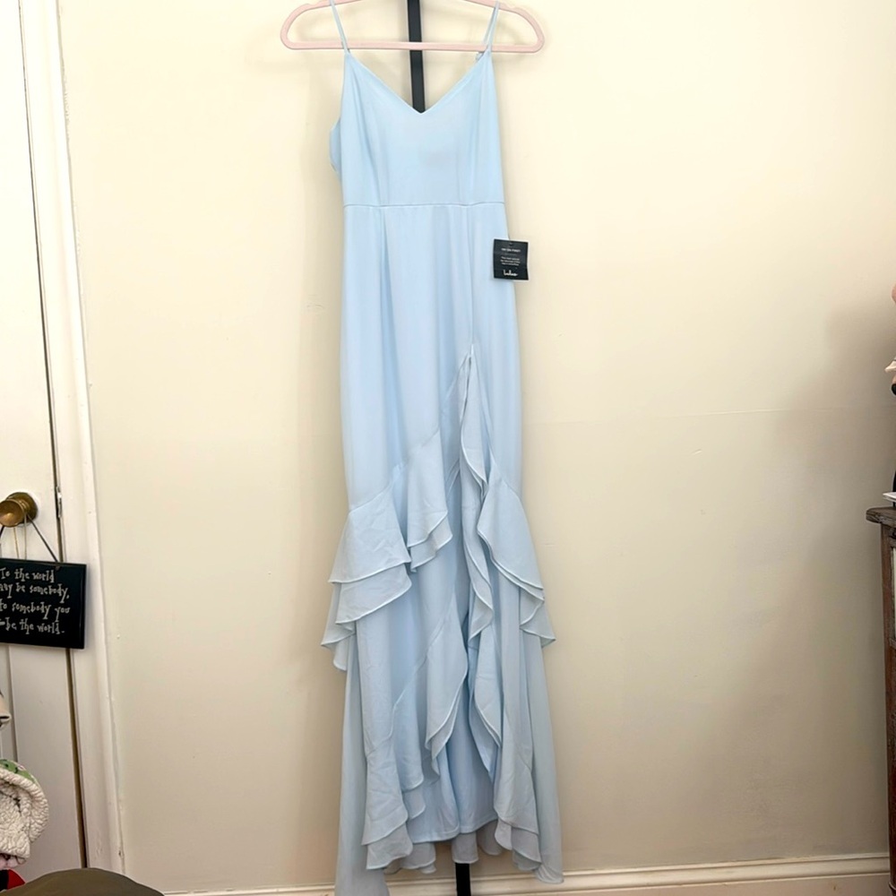 Lulu's Pale Blue Ruffled Chiffon Spaghetti Strap Prom Gown